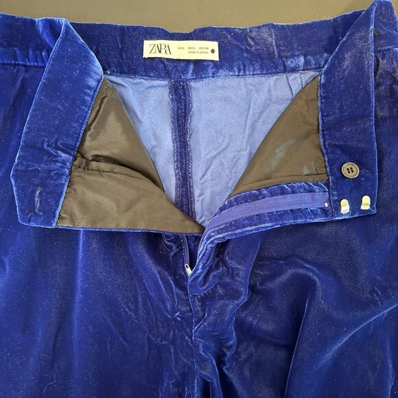 Zara Electric Blue Velvet High Rise Wide Leg Trouser Pants, Size Large - Picture 7 of 7